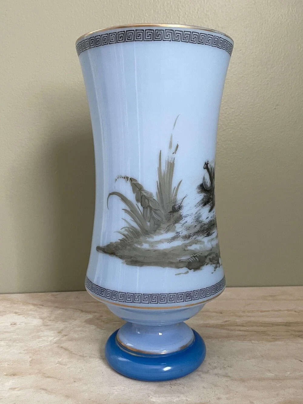 Vintage Blue Scenic Countryside Pedestal Vase | Traditional English Style
